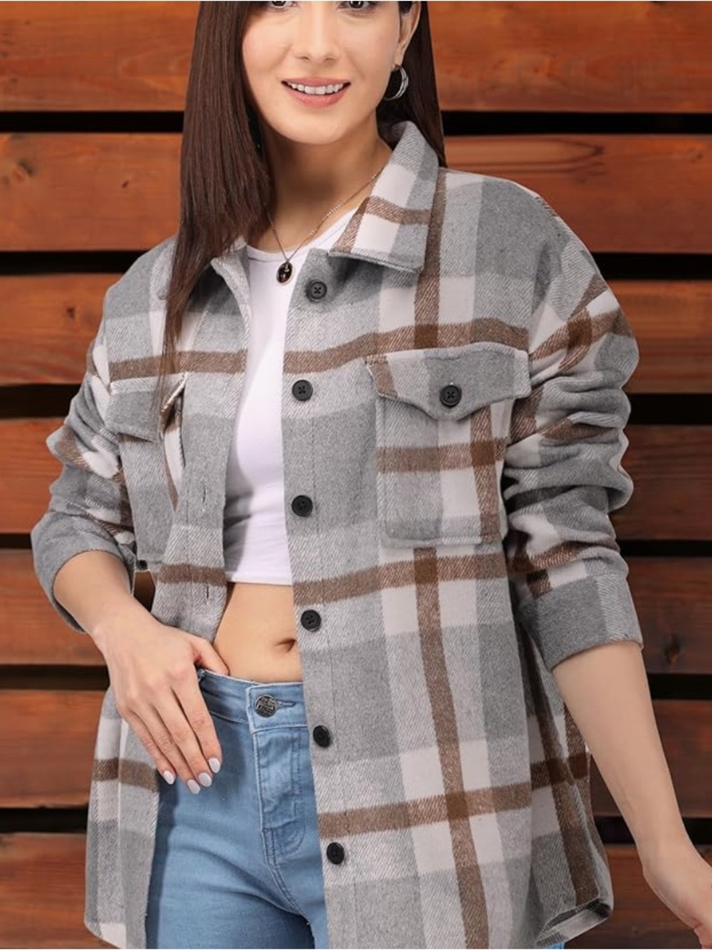 Chic Nation Gray & Brown Plaid Button-Up Shacket